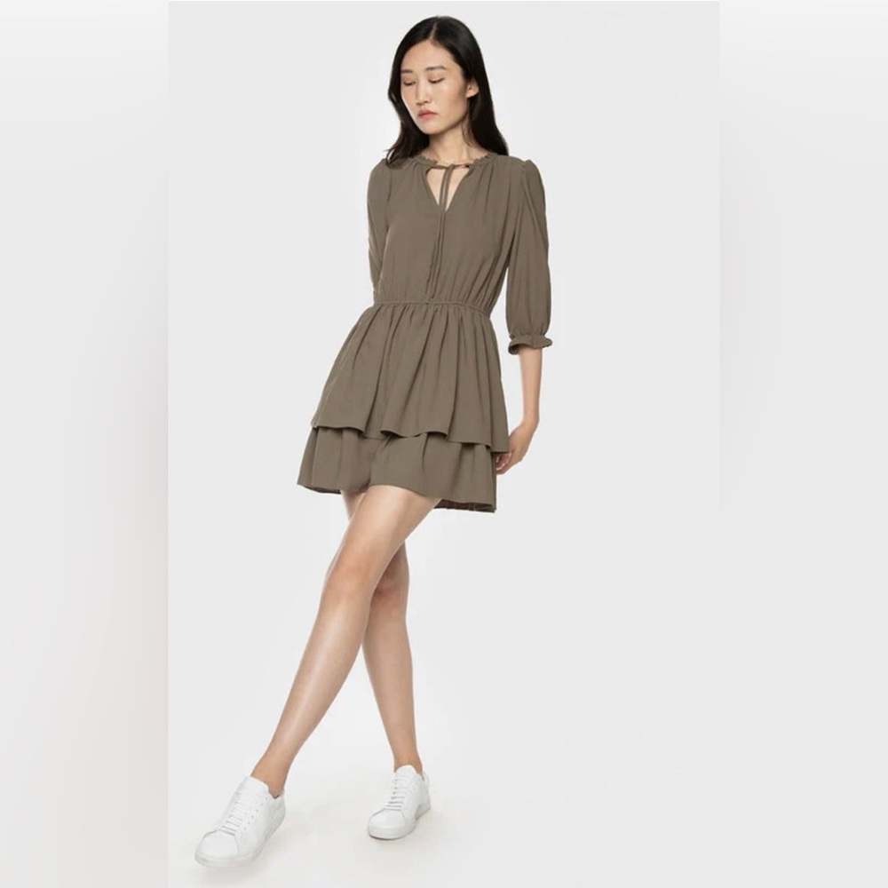 BLACK TAPE SMOCKED TIERED SATIN MINI DRESS